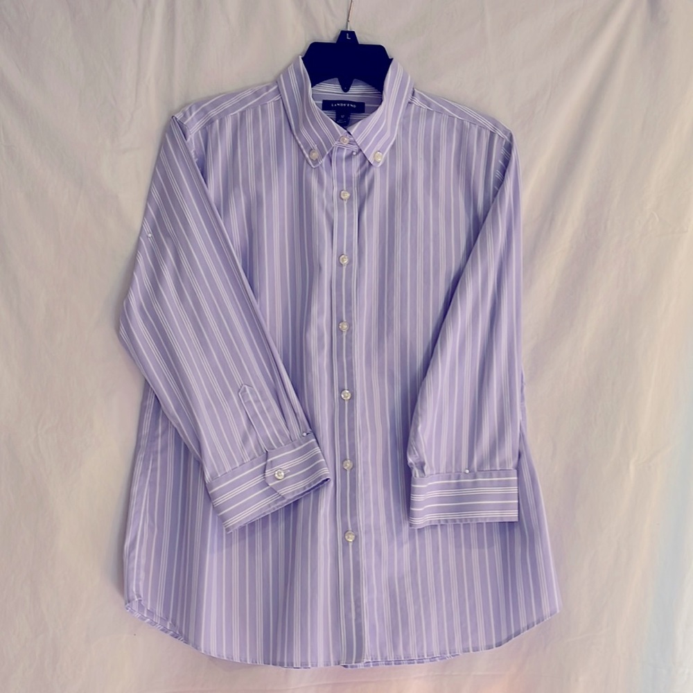 Lands End, button down, 3/4 sleeve, lavender & white striped blouse